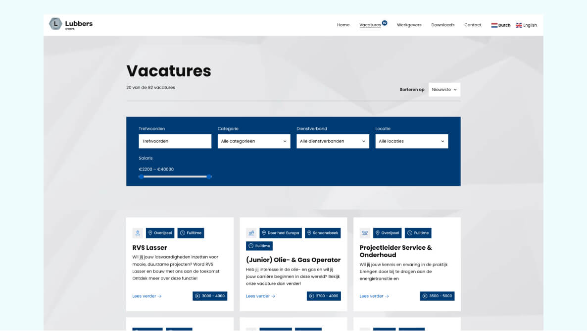 Vacatures overzicht Lubbers At Work website