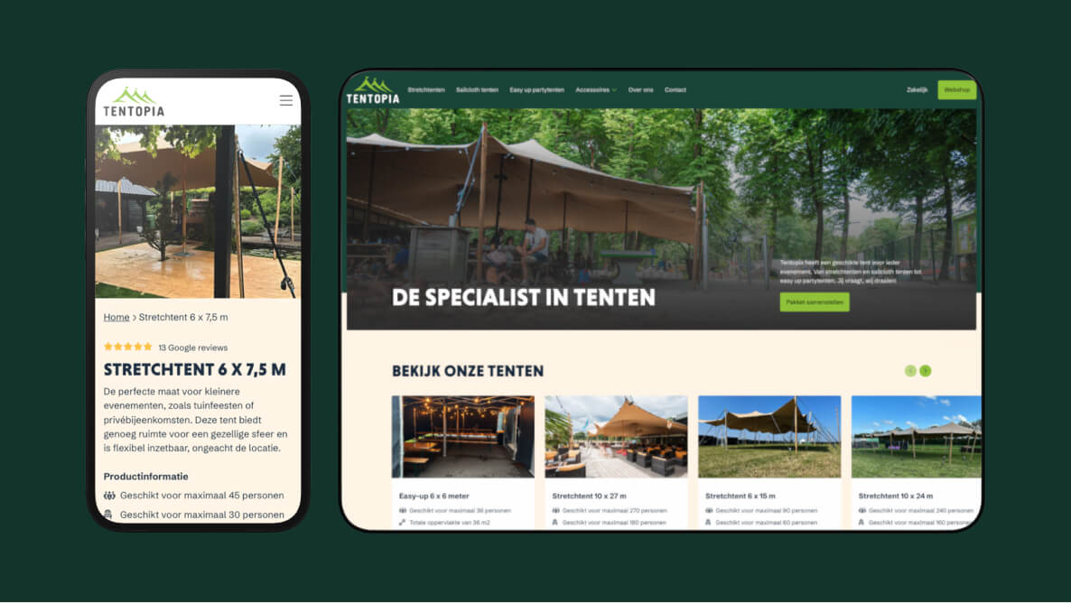 Mockup Tentopia Homepagina en tent detail pagina